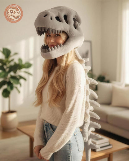 Adult wearing the Cozysaurus dino skeleton hood