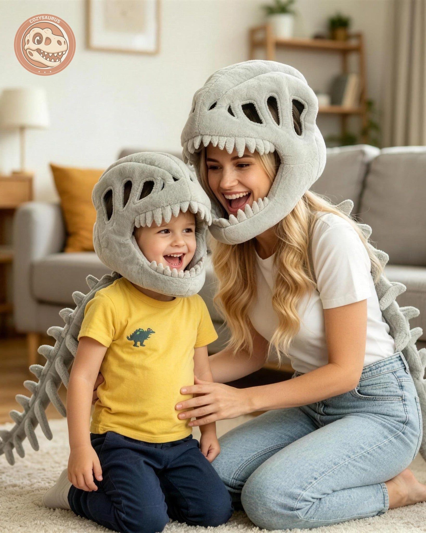 Mom and child laughing in the Cozysaurus dino costume